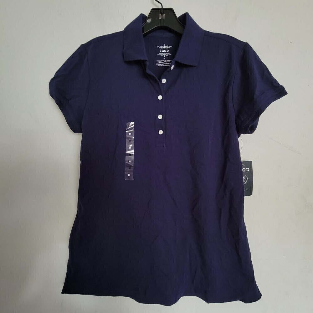 NEW IZOD Navy Blue Button Front Collared Polo Short Sleeve Shirt Size Medium